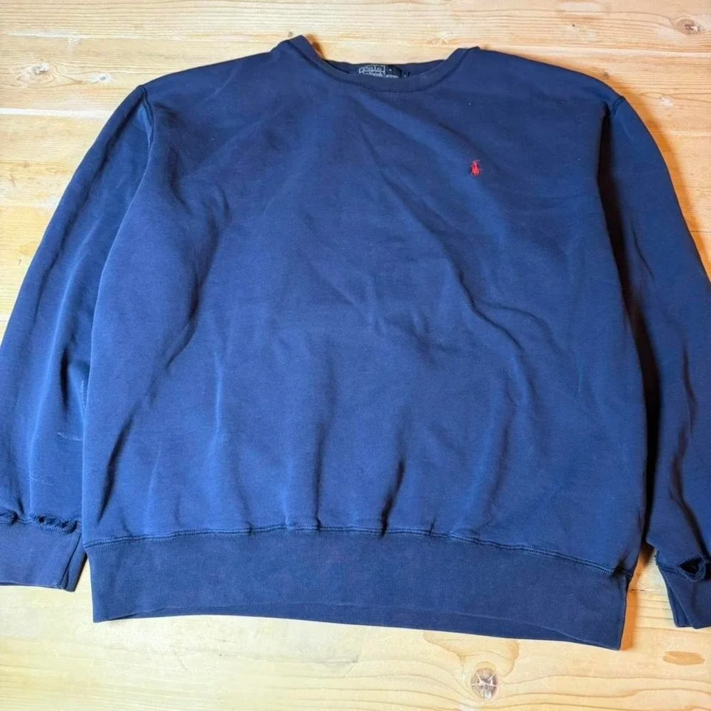 Vintage Polo Ralph Lauren Navy‎ Blue Crewneck Sweatshirt Distressed Mens Large